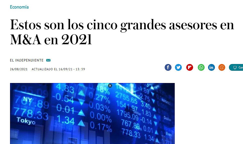 Estos son los cinco grandes asesores en M&A en 2021